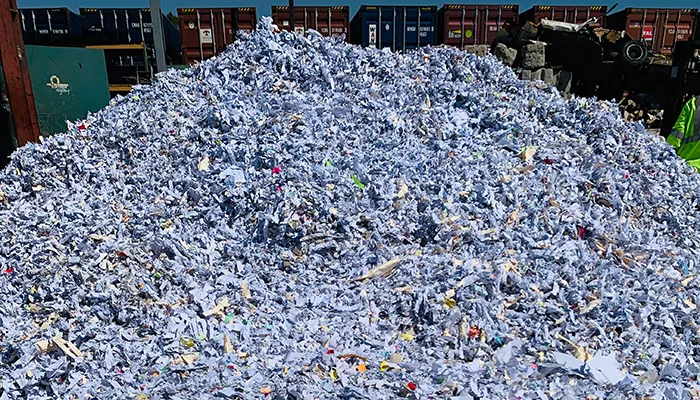 Mountain of shredded paper staged for recycling at the processing yard